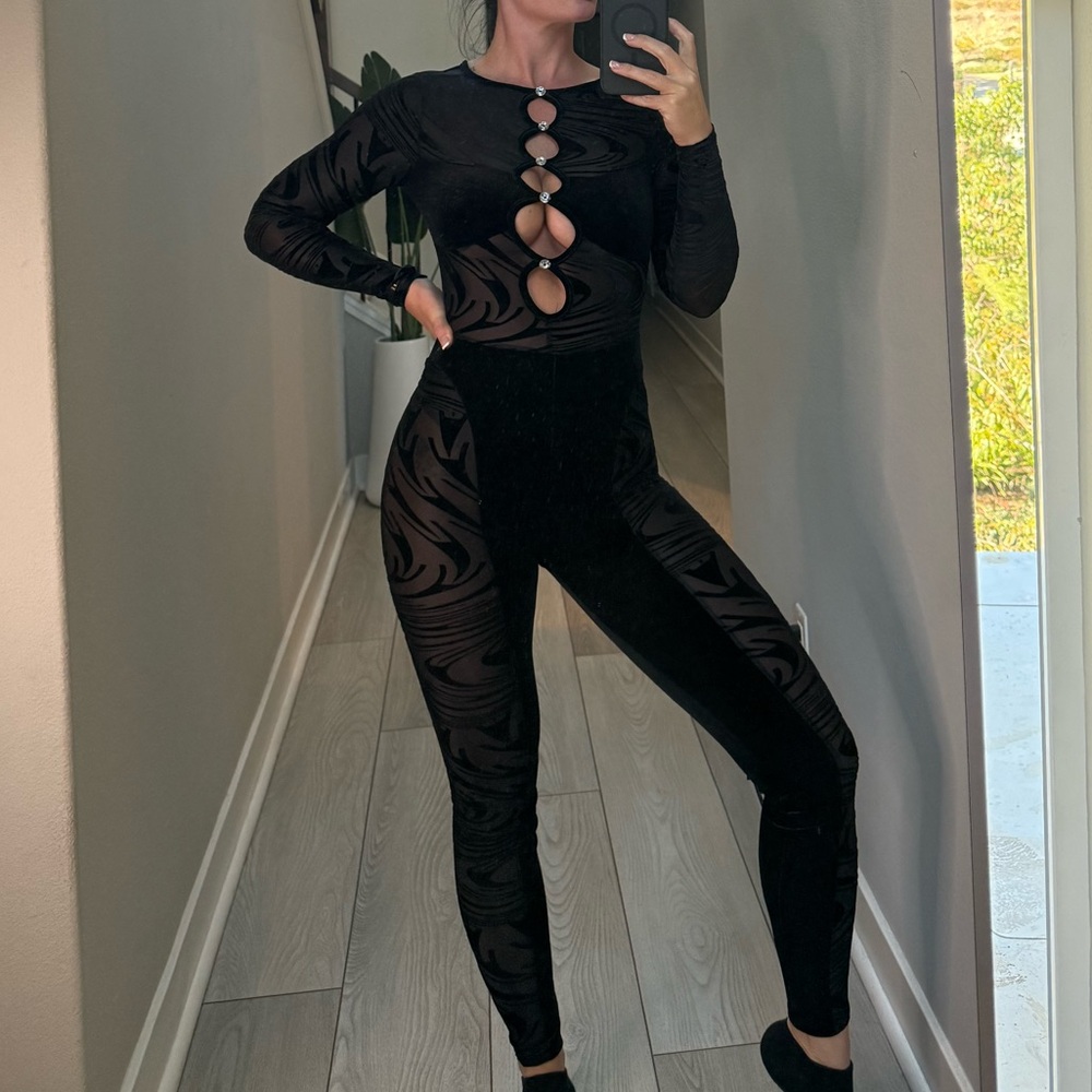 Fashion Nova Black Velvet Jumpsuit with Crystal Accents